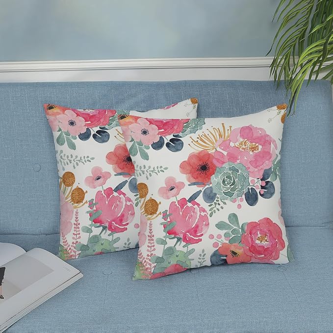 CXMEIFLY Spring Floral Pillow Covers 24 x 24 Inch Set of 2 for Watercolor Pink Flowers Decor Throw Pillows Green Leaves Plant Outdoor Decorative Cushion Cases with Zipper for Couch Bed Decorations