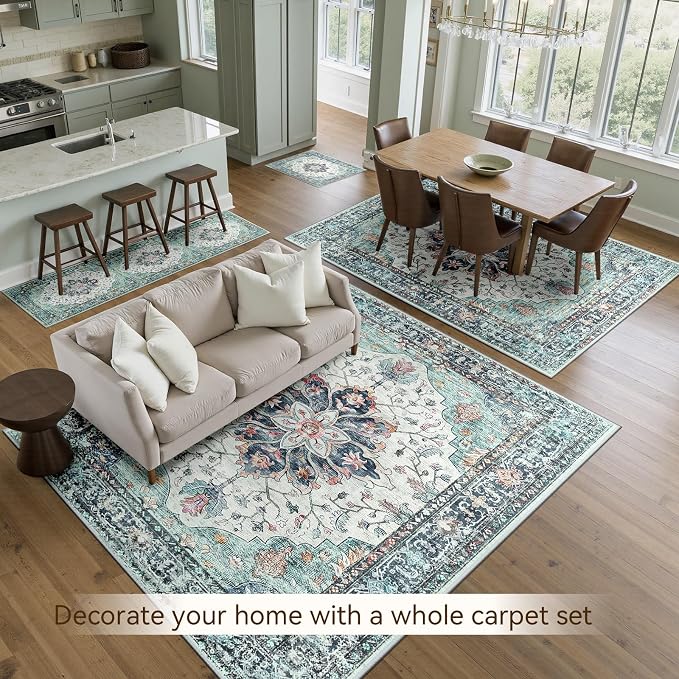 Area Rugs 9'x12' Washable Non-Slip, Floral Vintage Distress Print Pattern - Image 4