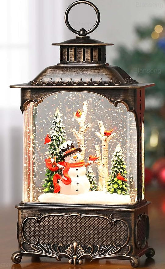 Snowman Snow Globe Lantern Christmas Decorations Gifts Auto Snowfall Glitter Music Collection Snowman Cardinal Birch Forest with 6H Timer USB/Battery Powered 10.2 inch