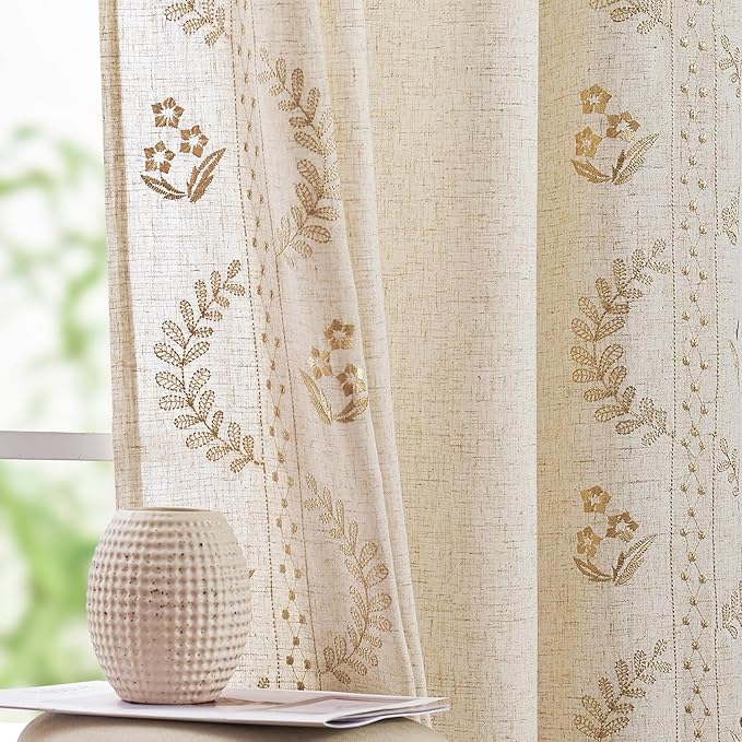 jinchan Belrose Linen Curtains for Bedroom Floral Curtains 96 Inch Length Linen by JINCHAN