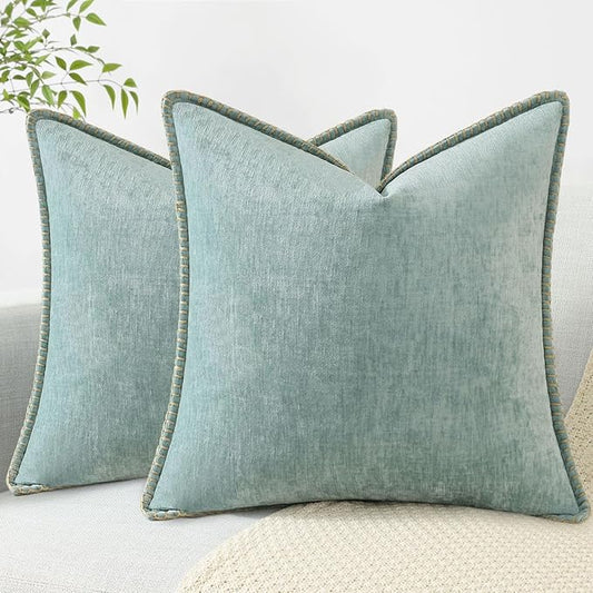 decorUhome Chenille Soft Throw Pillow Covers 22x22 Set of 2, Farmhouse Velvet Neutral Decorative Euro Pillow Covers with Stitched Edge for Couch Sofa Bed Home Decor, Aqua Haze