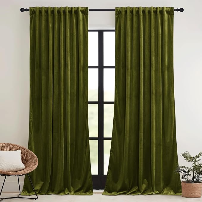 RYB HOME Moss Green Velvet Curtains 90 inches, Luxury and Soft Velvet Fabric - Image 2