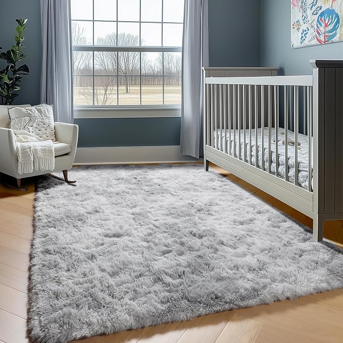 ONASAR 6x9 Area Rugs for Living Room, Large Tie-Dyed Light Grey Fluffy Shag Rug - Image 7