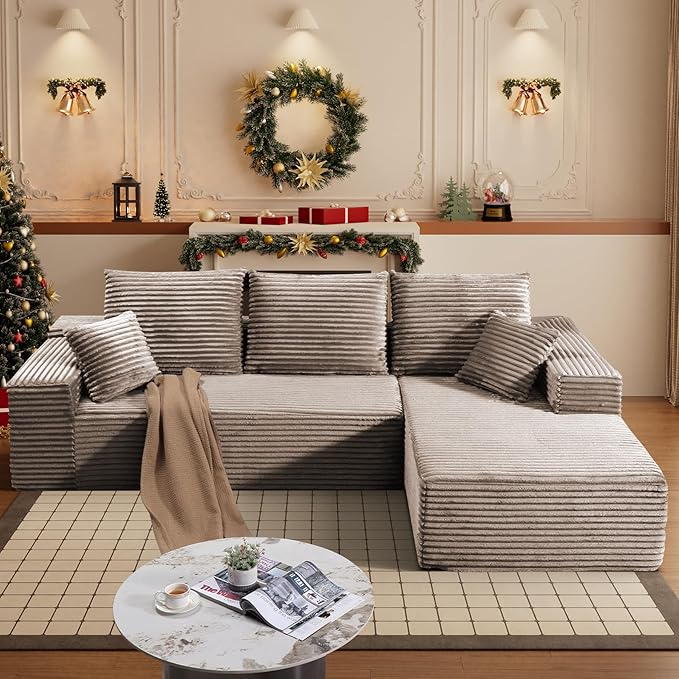 HYJT H&K Modular Sectional Sofa Cloud Couch, 107" Comfy L Shaped Sectional Couches for Living Room, Deep Seat Memory Foam Plush Fluffy Corduroy Boneless Couch Sectionals Right Facing Sofa Chaise Brown