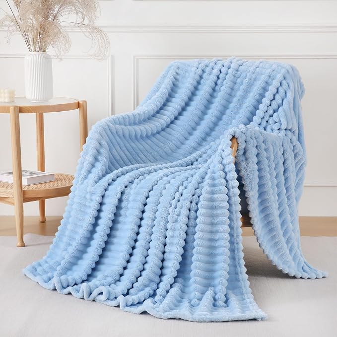 Light Blue Throw Blanket for Couch Sofa 90x90 inches Striped Design | Fleece - Image 3