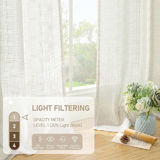Ivory 90 Inches Long Linen Semi Sheer Curtains - Image 4