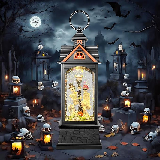 Halloween Snow Globe Lantern, Spooky Ghost Halloween Decor, Plug-in & Battery Operated Snow Globes for Halloween Decorations Indoor