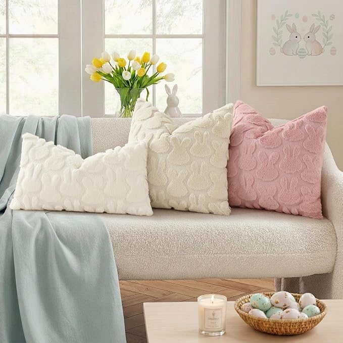 decorUhome Easter Bunny Pillow Covers 20x20 Inch Set of 2, Soft Plush Faux Wool - Image 3