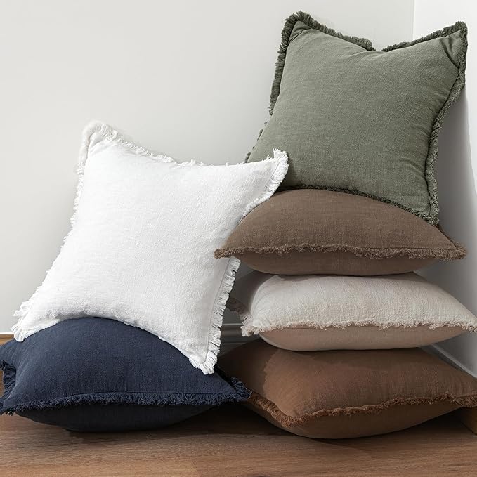 MIULEE Linen Fringe Decorative Fall Throw Pillow Covers Cocoa Brown 16x16 | Set - Image 5