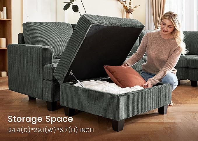 Nolany Modular Sectional Couch with Storage Ottoman, Corduroy Sectional Sofa with Chaise, U Shape Sectional Couches for Living Room, Green