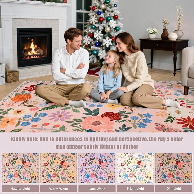 PLHXFR Round Area Rug Living Room: 6 ft Floral Washable Soft Carpet Beige | - Image 9
