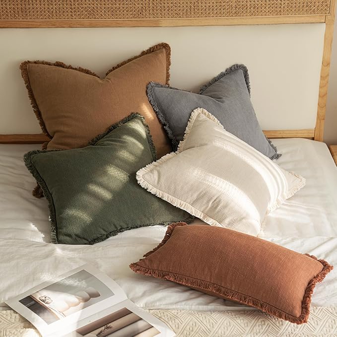 MIULEE Linen Fringe Decorative Euro Throw Pillow Covers Olive Green 26x26 | Set - Image 5