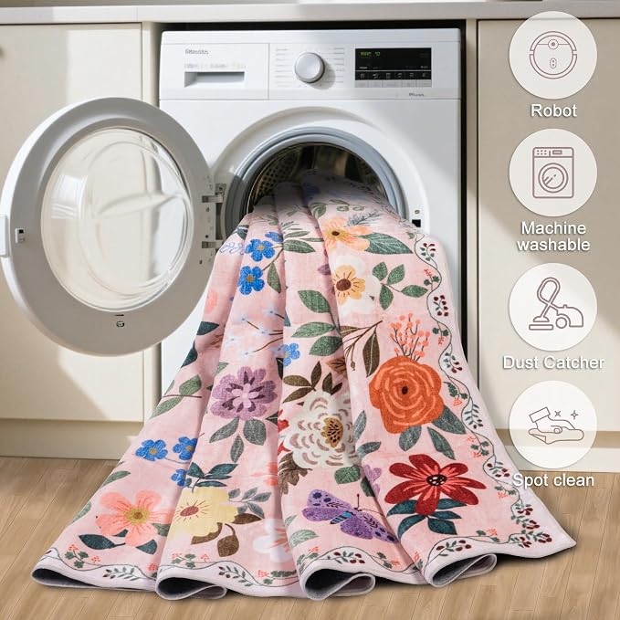 PLHXFR 2.6x8 Washable Runner Rug：Floral Indoor Kitchen Soft Carpet Beige | - Image 7