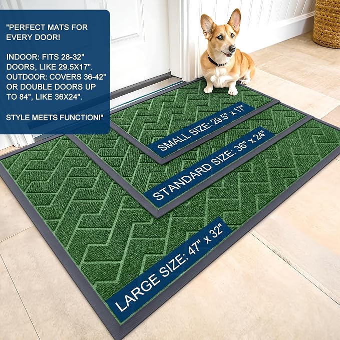 OLANLY Front Door Mat Outside 47x17, All-Season Absorbent Rubber Doormat | Green - Image 2