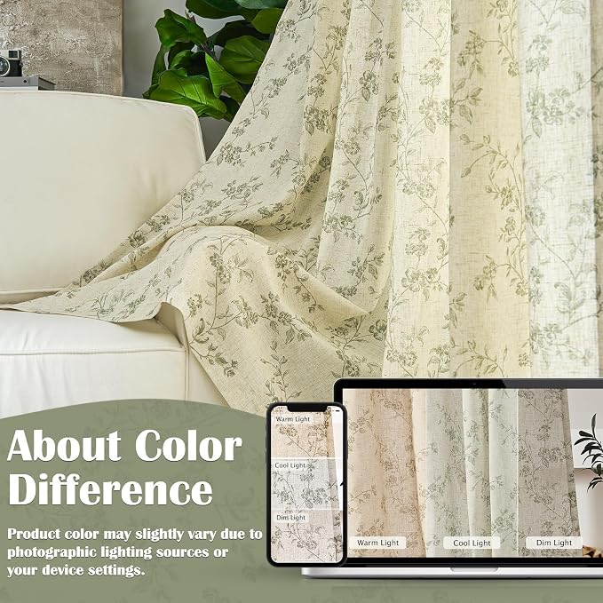 Lazzzy Linen Farmhouse Curtains Green Floral Curtains 63 Inch Length Back Tab - Image 6