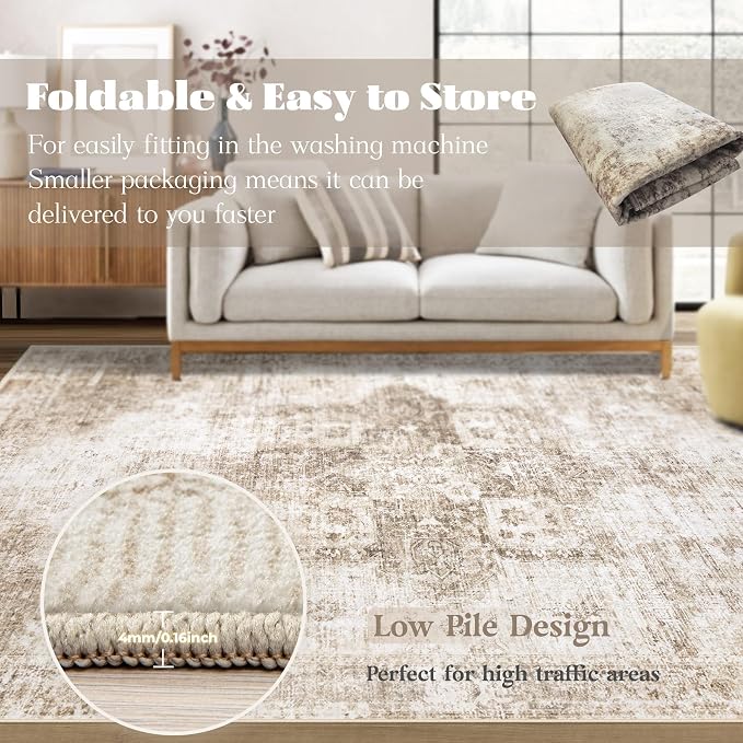 Area Rug 10x12 Washable Rug, Vintage Boho Medallion Rugs Non-Slip Soft Low Pile - Image 7