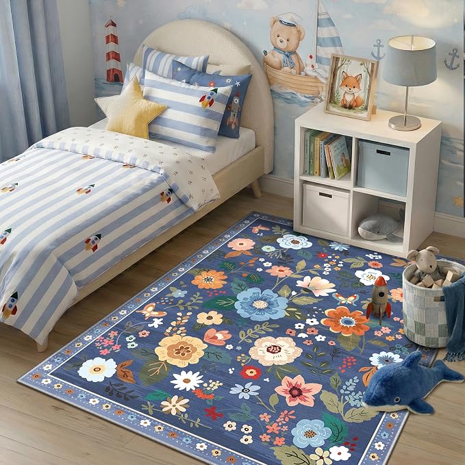 RELEANY Floral Washable 5x8 Area Rugs Blue/Grey | Flower Carpet Print Boho Cute - Image 2