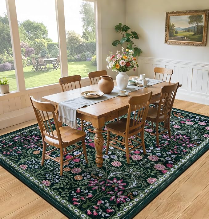 PLHXFR 6x9 Area Rug Living Room: Floral Washable Boho Carpet Dark Green | - Image 4