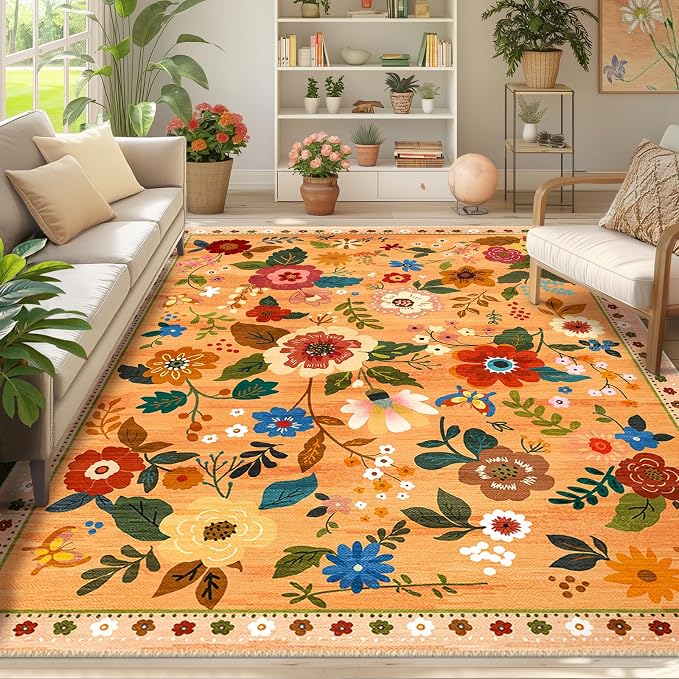RELEANY Floral Washable 6x9 Area Rugs Yellow/Orange/Red | Flower Carpet Print by RELEANY