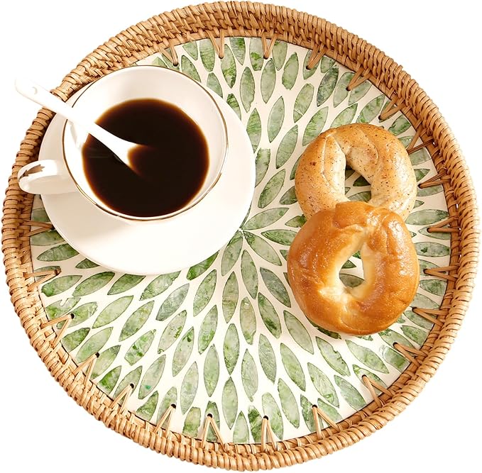 Round Rattan Tray with Mother of Pearl Inlay & Wooden Base - Decorative Wicker Serving Tray for Coffee/Bread/Fruits, Food Storage & Display - Multipurpose Home Decor (M,Green Leaves)