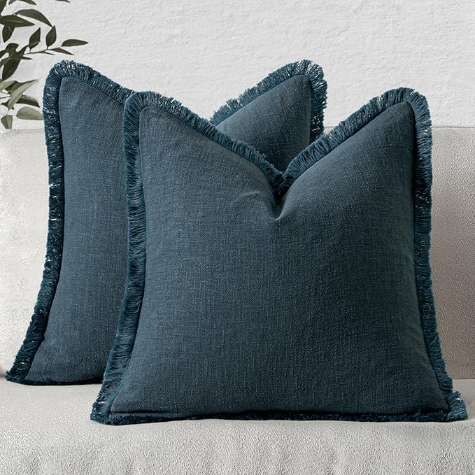 MIULEE Linen Fringe Decorative Euro Throw Pillow Covers Navy Blue 24x24 | Set by MIULEE