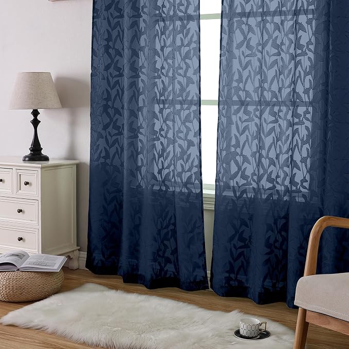 Lecloud Leia Clip Textured Navy Blue Sheer Curtains 54 Inch Length 2 Panels - Image 9