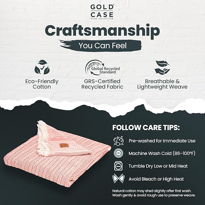 Gold Case Throw Blanket for Couch – 100% Recycled Turkish Cotton Blankets & Throws – Elegant Decorative Throw Blankets for Living Room Sofa – Woven Throws for Couch – Vintage Orange – 50x60