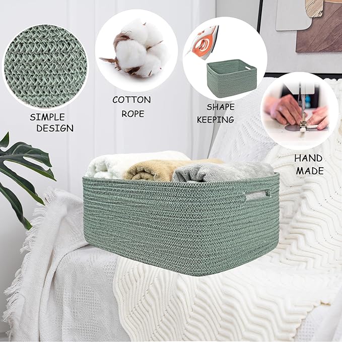 COMFY-HOMI Cotton Rope Woven Basket with Handles for Shelves,Toys,Book, Cloth Storage Baskets for Organizing-17" x 13" x 7.5" Toy Decorative Organizer for Living Room, Bathroom （Green）