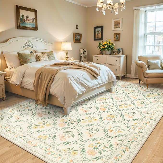 PLHXFR Area Rug 9x12 Living Room: Floral Washable Boho Carpet Beige Multi | - Image 2