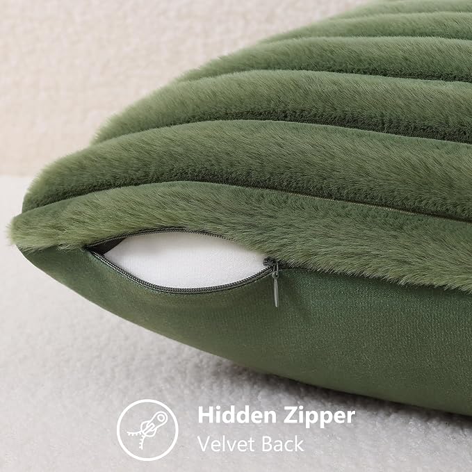 decorUhome Fall Faux Fur Throw Pillow Covers 22x22 Set of 2 Olive Green | - Image 8