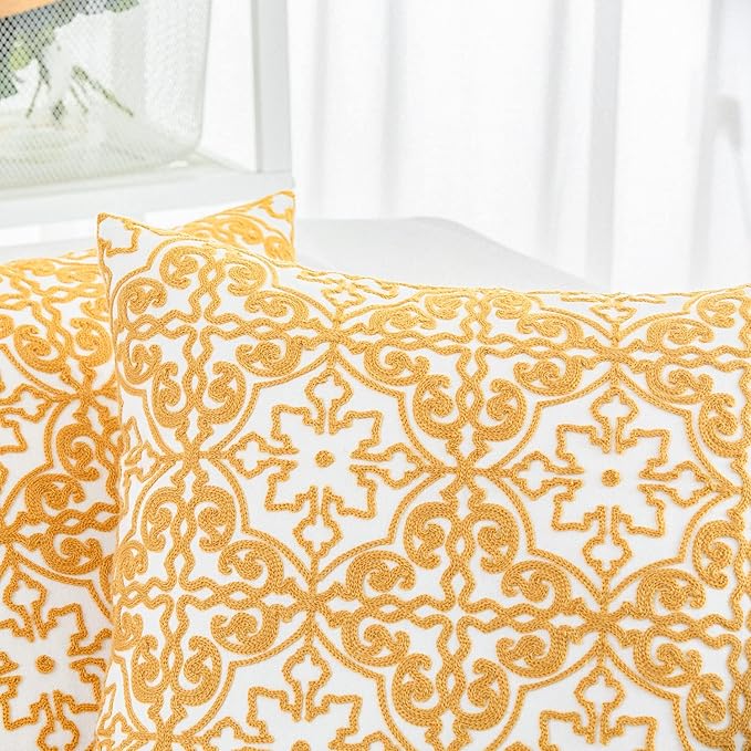 HWY 50 Mustard Yellow Decorative Throw Pillow Covers 18x18 Inch, Pack of 2 Embroidered Cotton Farmhouse Cushion Cover Pillow Case for Sofa Couch Living Room Bed Bedroon, Modern Pattern
