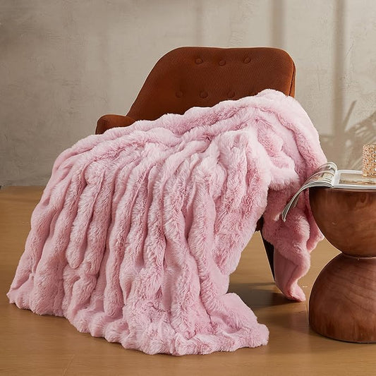 JELLYMONI Faux Fur Throw Blanket, Pink Fuzzy Cozy Plush Bubble Bed Blanket, Thick and Warm King Size (108" x 90")