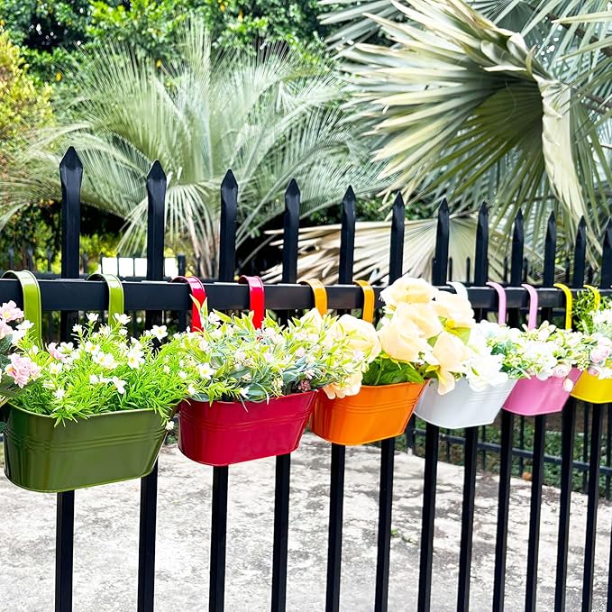 6 Pcs Railing Planter, 10" Metal Hanging Flower Pots for Outdoor Balcony Rails, Fence Pot Hanging Plant Holders with Detachable Hooks for Garden Patio Yard Decor (Multi-Color, 6Pcs)