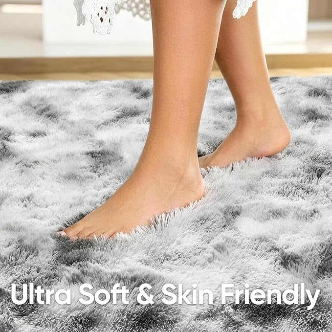 2x3 Tie-Dyed Grey and White Fluffy Area Rug Non-Slip - Image 5
