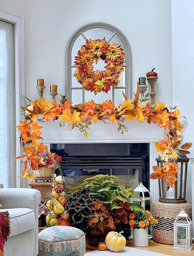 Lvydec Fall Maple Leaves Garland Decoration -6ft Artificial Fall Foliage Garland with White Pumpkins Pine Cone Autumn Decor for Halloween Thanksgiving Home Table Decor