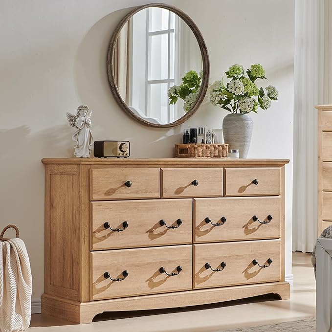 T4TREAM 7 Drawers Dresser Chests for Bedroom, Wood Vintage Chests of Drawers, Rustic Dressers Chset Organizer for Bedroom, Living Room, Hallway, Natural Oak