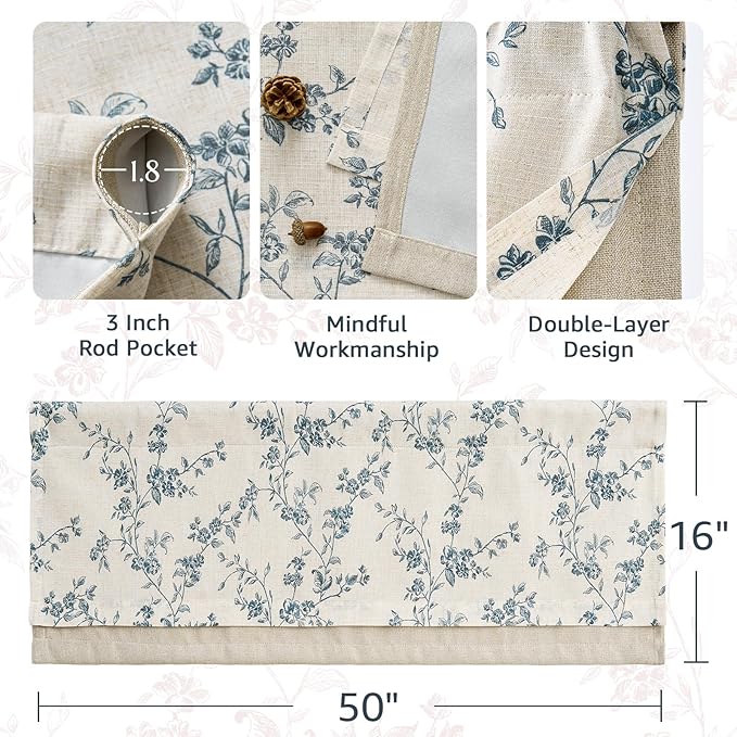 jinchan Linen Kitchen Valance for Windows 16 Inch Floral Double Layer Valance - Image 5