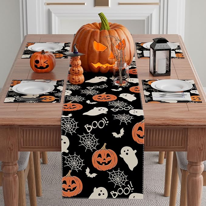 XCHI Boo Spooky Ghost Pumpkin Halloween Table Runner Burlap Table Decoration for Home Kitchen Dining Dinner Indoor Holiday Farmhouse Decor 13x108 Inch