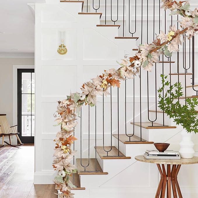 Lvydec 2 Pack Fall Maple Garland - 5.9ft/Piece Artificial Fall Foliage Garland Colorful Autumn Decor for Home Wedding Party (White&Green)