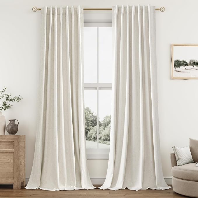 Cream 100% Blackout Linen Curtains 86 Inch Length 2 Panels Set by Guken