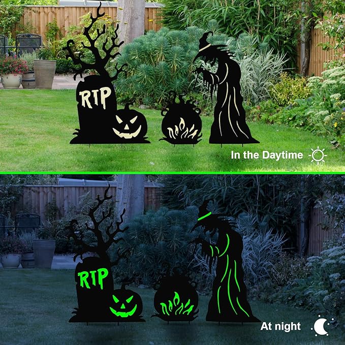 Halloween Yard Signs Outdoor Decorations，3 Pack Warerproof Scary Witch Tombstone Cauldron Fluorescent Metal Stakes Glow in The Dark for Lawn Garden Halloween Decor (Witch Tombstone Cauldron)