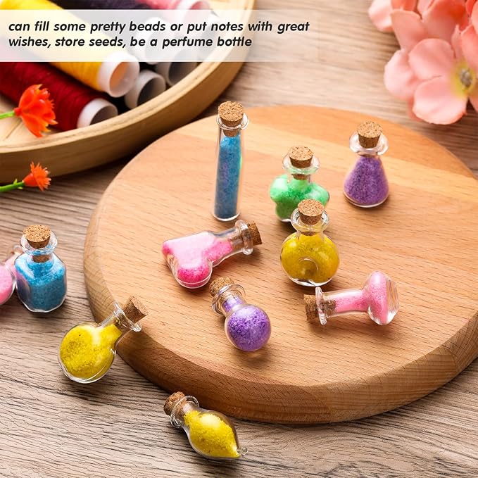 140 Pcs Mini Glass Bottles with Cork Stoppers Tiny Wishing Potion Bottles, 14 Shapes, Small Spell Apothecary Jar Vials Witchcraft Drifting Jar for Wedding Halloween Party Arts DIY Crafts