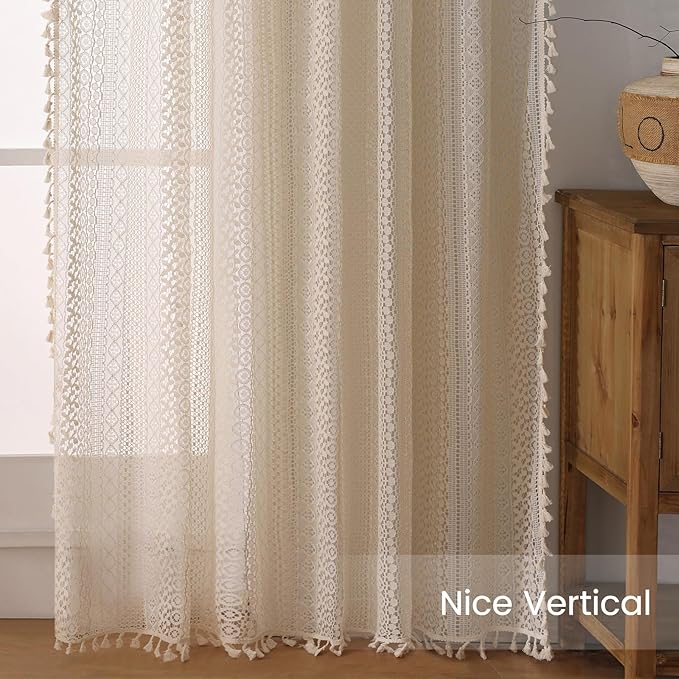 WAZZIO Boho Lace Curtains 45 Inches 2 Panel, Light Filtering Privacy Tassel & - Image 6