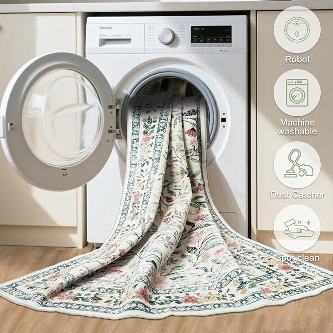 PLHXFR Area Rug Living Room: 5x7 Floral Washable Boho Carpet Green Beige | - Image 6