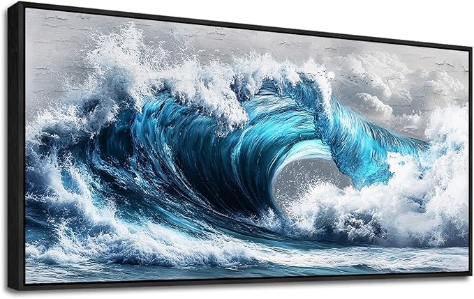 PHAOHUAXM Blue Wave lPaintings Wall Art For Living Room Wall Decor For Bedroom Ocean Inspiration Wall Pictures Office Decor Posters Modern Printing Canvas Artwork Home Decor Black Framed 20x40 In