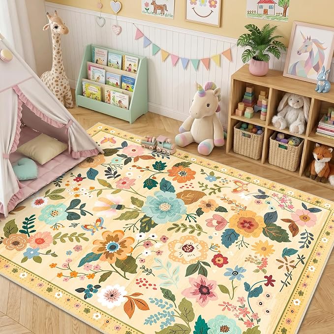 RELEANY Floral Washable 4x6 Area Rugs Ivory/Yellow | Flower Carpet Print Boho - Image 2