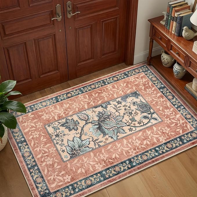 GarveeHome Terracotta Teal Washable 6x9 Area Rugs, Botanical Grove Vintage - Image 5