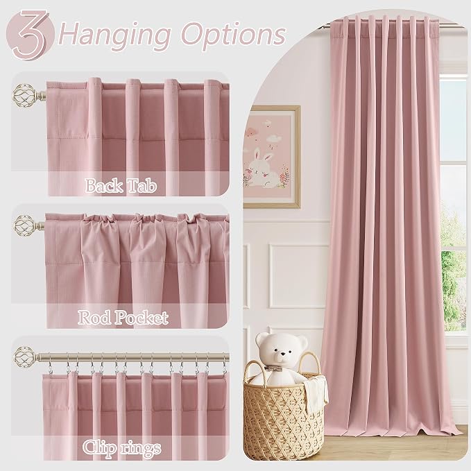 Pink 100% Blackout Linen Curtains 102 Inch 2 Panels Set - Image 6