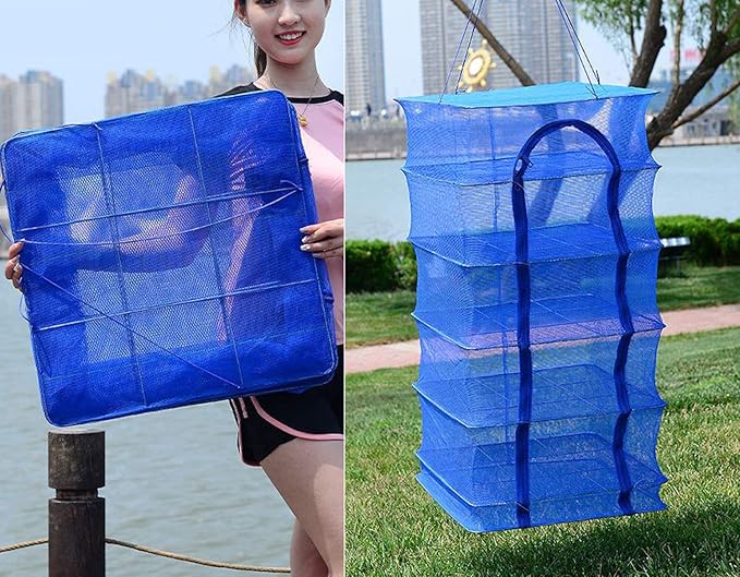 Hwayslon Hanging Drying Net Foldable Drying Rack Net Dryer 19.7"x19.7"x37.4" 6 Layer Folding Fish Mesh Collapsible Dry Net with Zippers for Fish Vegetables Drying Seeds Fruit Herb