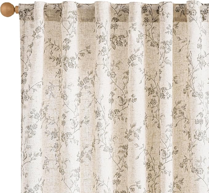 Grey Vintage Floral Linen Curtains Farmhouse 50W X 84L 2 Panels | Elisa Series by Lazzzy